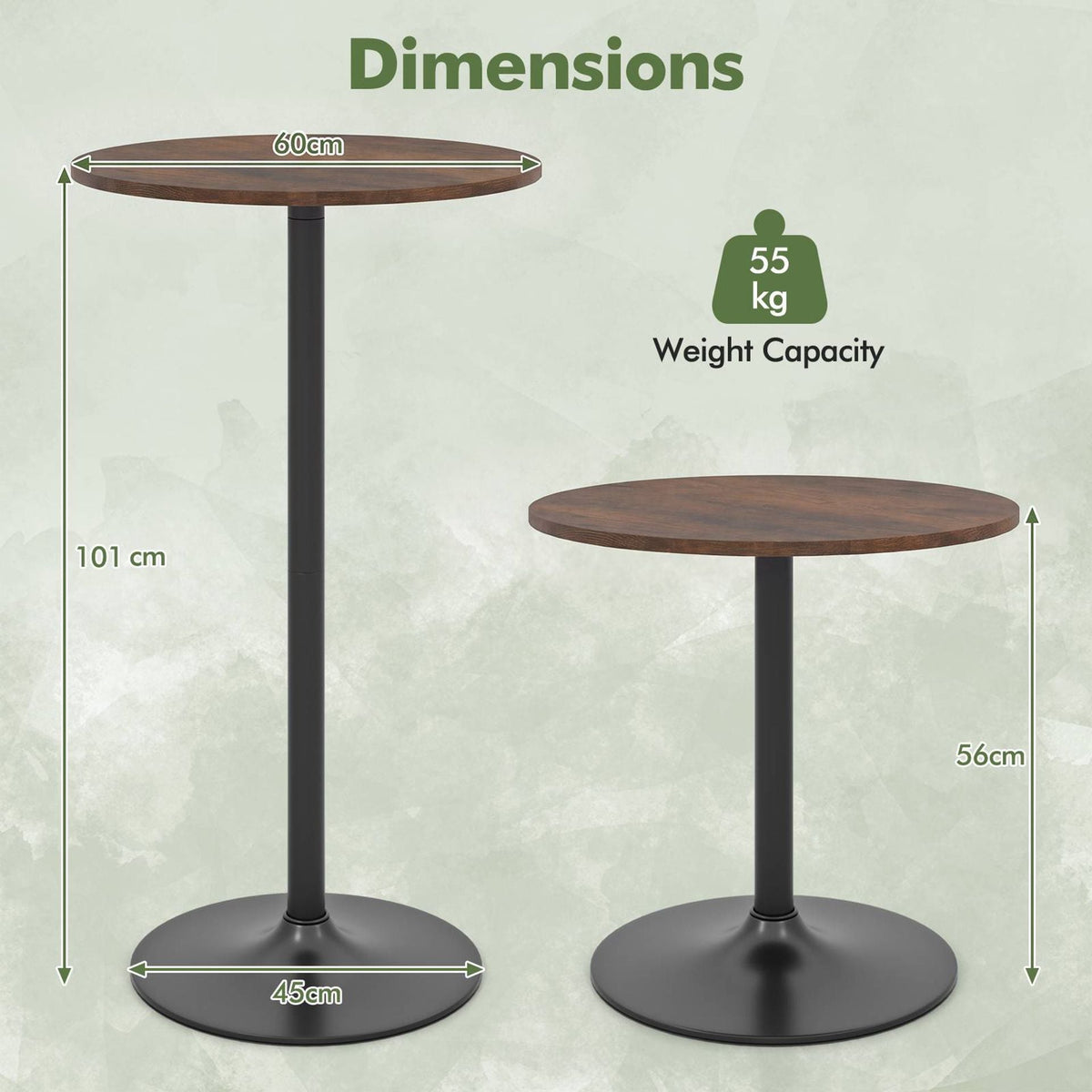 Round Bar Table with Adjustable Height and Metal Base Set of 2-Brown