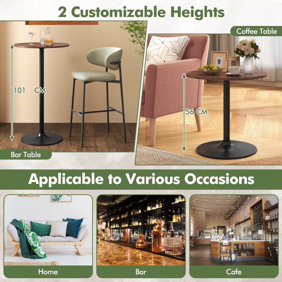 Round Bar Table with Adjustable Height and Metal Base Set of 2-Brown