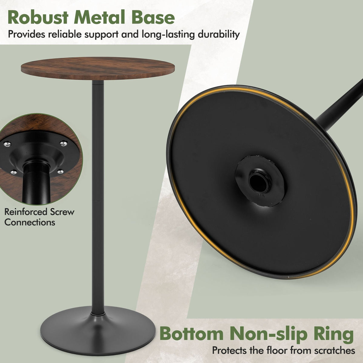 Round Bar Table with Adjustable Height and Metal Base Set of 2-Brown