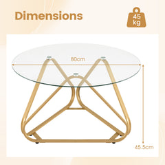 Round Tempered Glass Coffee Table with Triangle Metal Frame for Living Room-Gold