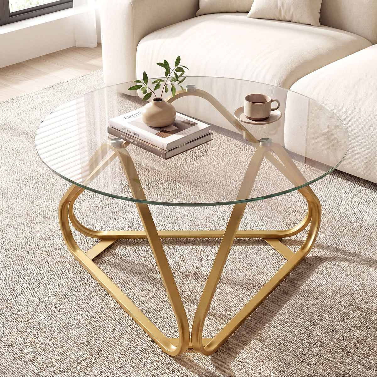Round Tempered Glass Coffee Table with Triangle Metal Frame for Living Room-Gold