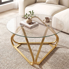 Round Tempered Glass Coffee Table with Triangle Metal Frame for Living Room-Gold