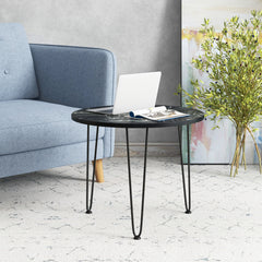 Round Coffee Table Small Faux Marble Accent Table with Thickened Tabletop and Metal Tripod Legs-Black