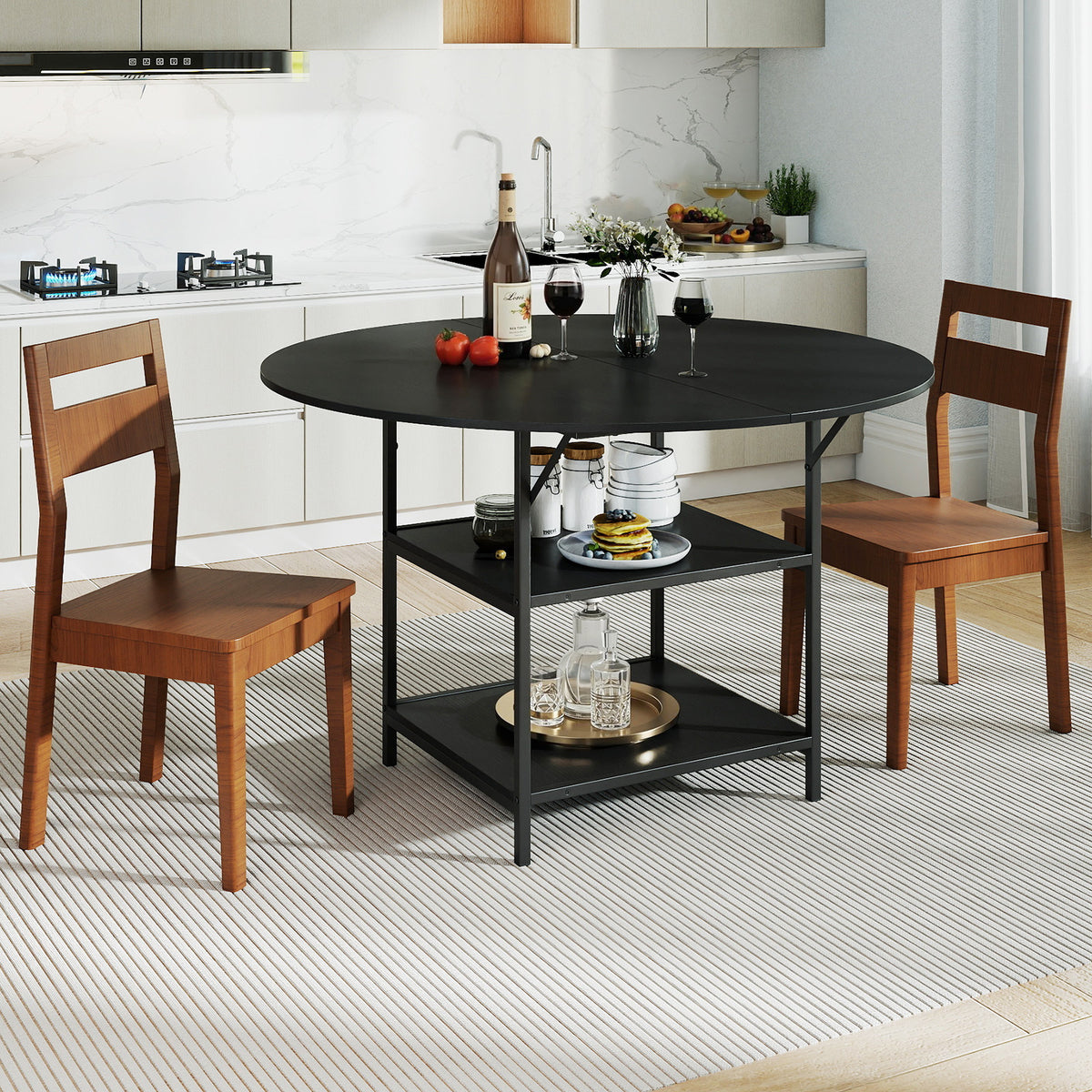 120 CM Round Dining Table with 2-Tier Storage Shelf and Heavy-duty Metal Frame-Black