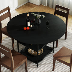 120 CM Round Dining Table with 2-Tier Storage Shelf and Heavy-duty Metal Frame-Black