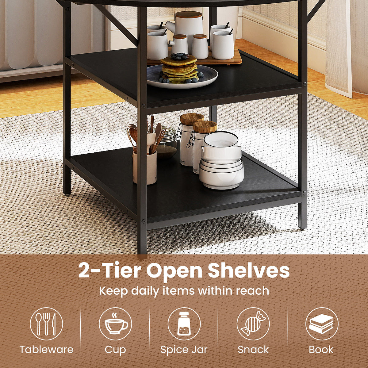120 CM Round Dining Table with 2-Tier Storage Shelf and Heavy-duty Metal Frame-Black