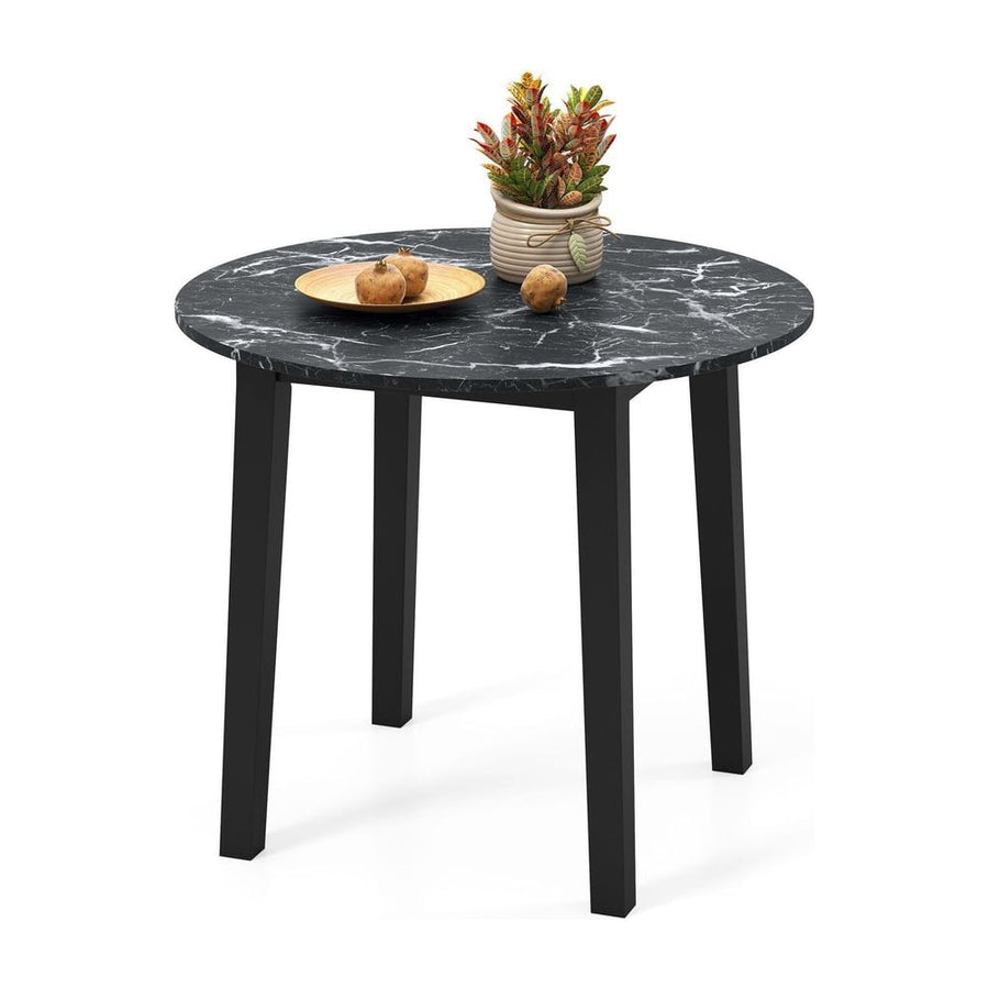 Round Dining Table with Rubber Wood Legs and Marble-textured Veneer Tabletop-Black