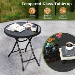 Round Folding Side Patio Coffee Table with Tempered Glass Tabletop-Black