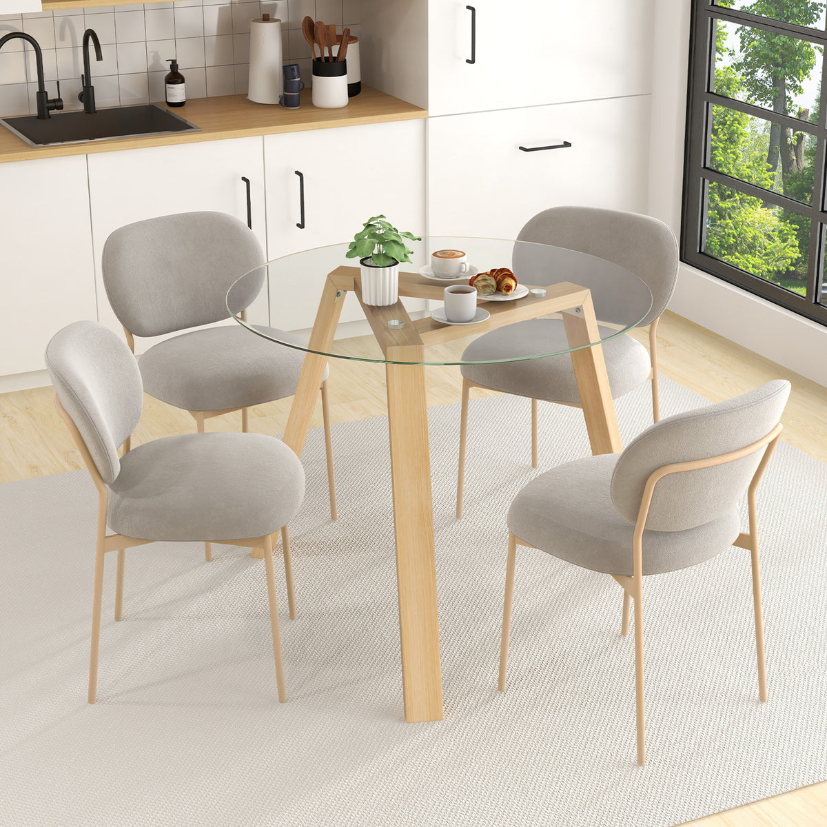 Round Glass Dining Table with Tempered Glass Tabletop for 4 People-Natural