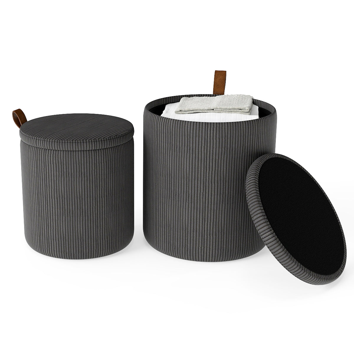 Round Ottoman with Storage Set of 2 with Removable Lids and Padded Seats-Grey