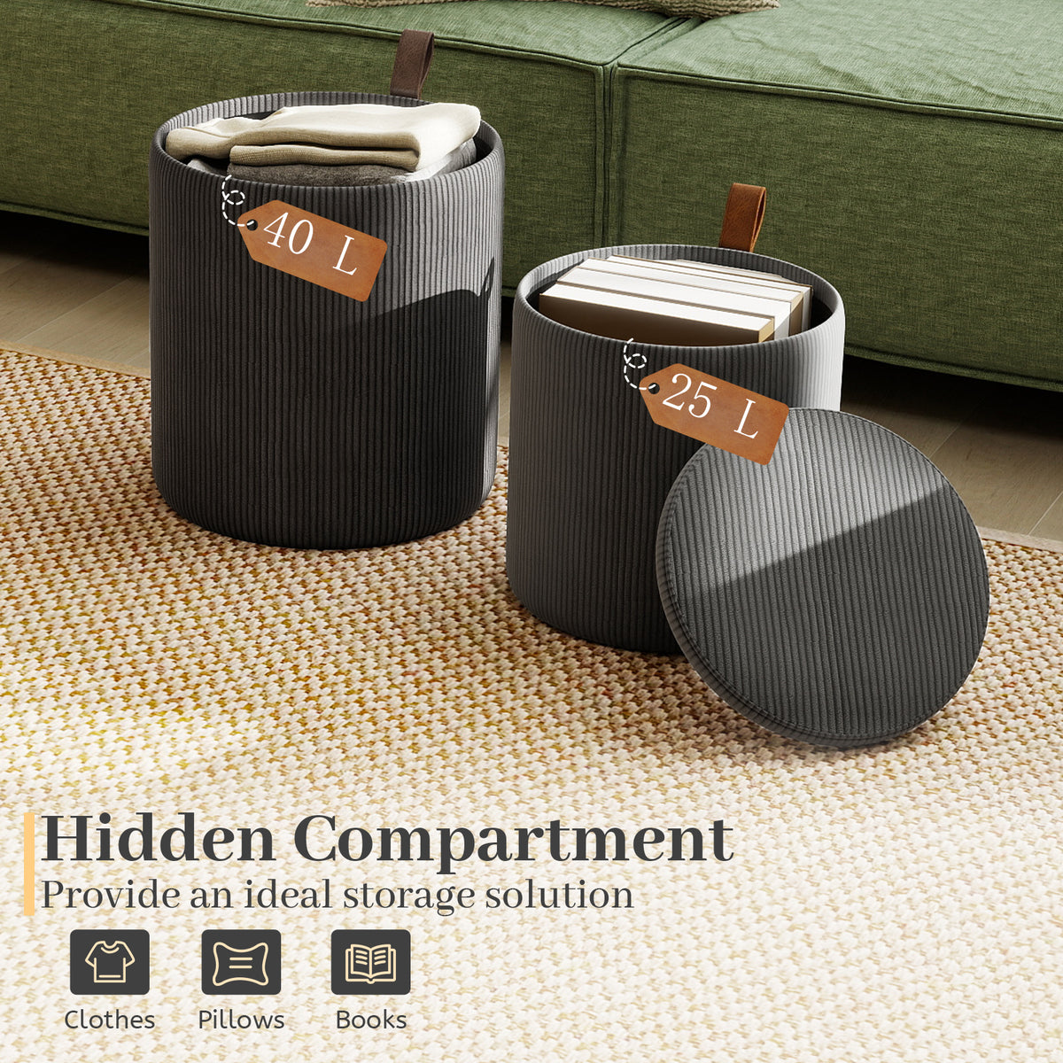 Round Ottoman with Storage Set of 2 with Removable Lids and Padded Seats-Grey
