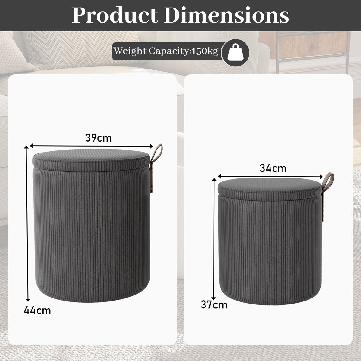 Round Ottoman with Storage Set of 2 with Removable Lids and Padded Seats-Grey