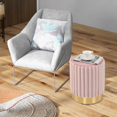 Upholstered Footrest Stool with Decorative Vertical Tufting and Heavy-duty Metal Base-Pink