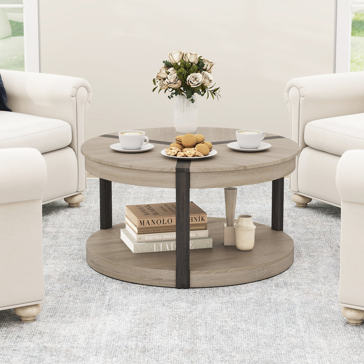 2-Tier Round Coffee Table with Storage Shelf-Oak