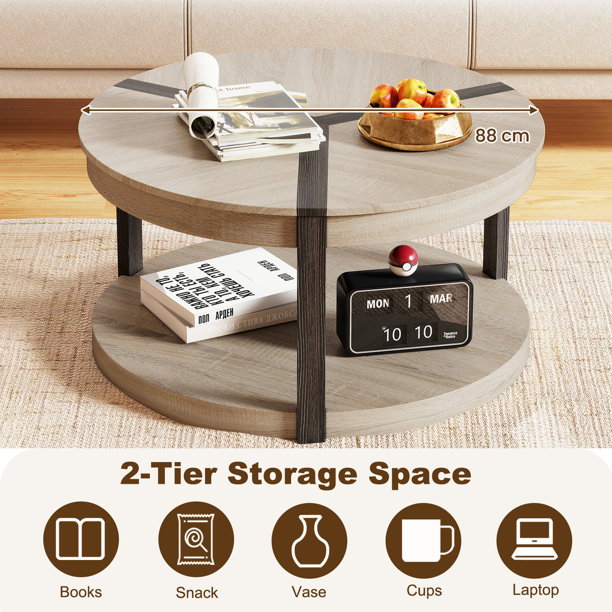2-Tier Round Coffee Table with Storage Shelf-Oak