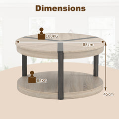 2-Tier Round Coffee Table with Storage Shelf-Oak