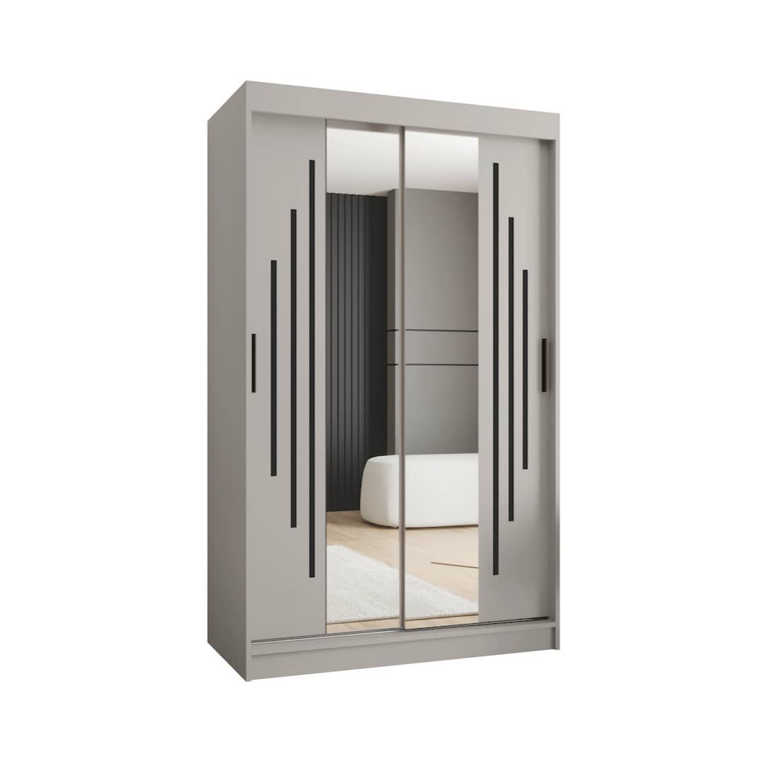 Closed front view of the light grey sliding door wardrobe with mirrored doors