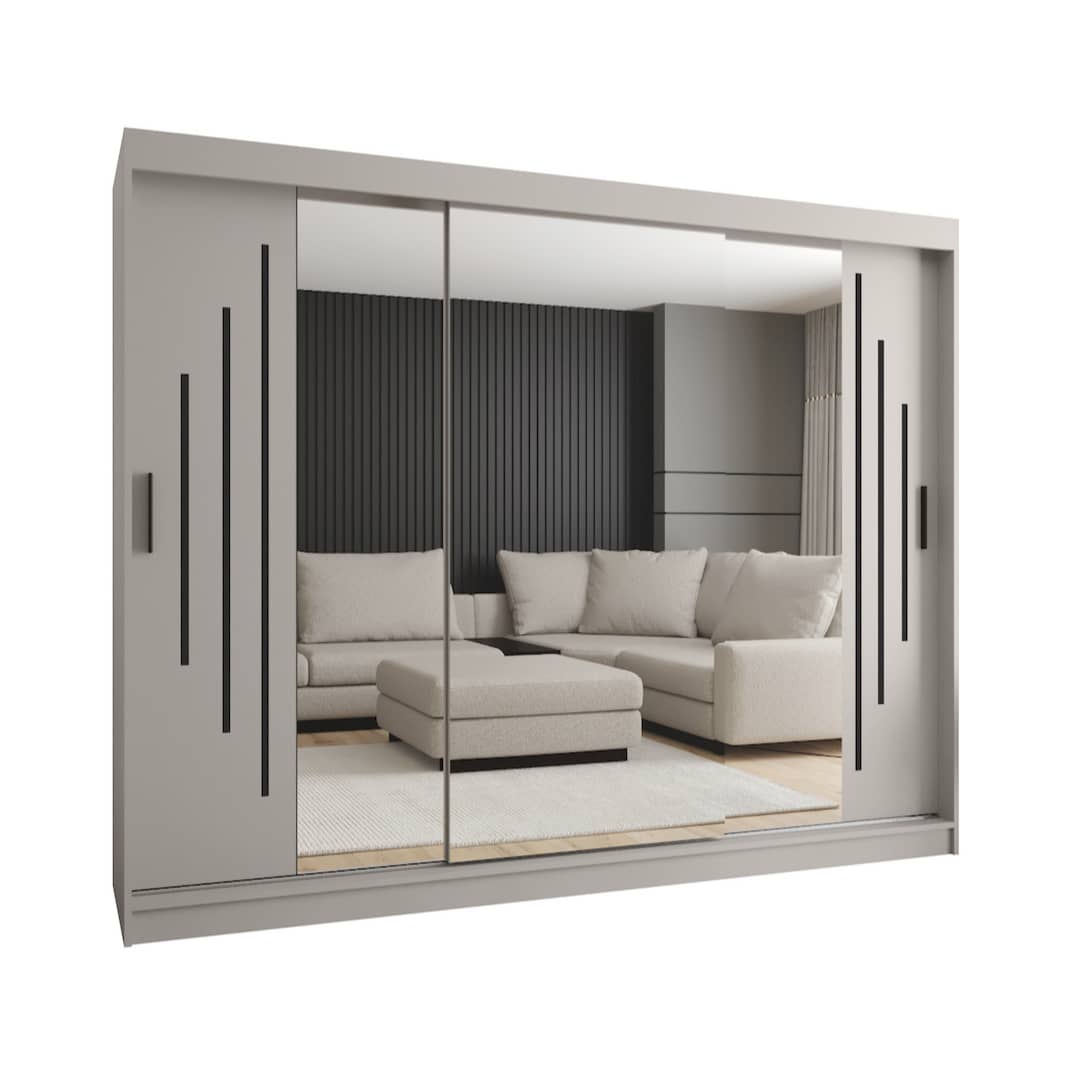 Sliding door wardrobe in grey with mirrored doors reflecting a room