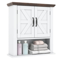 The wall cabinet with two doors and an open shelf holding toiletries and folded towels