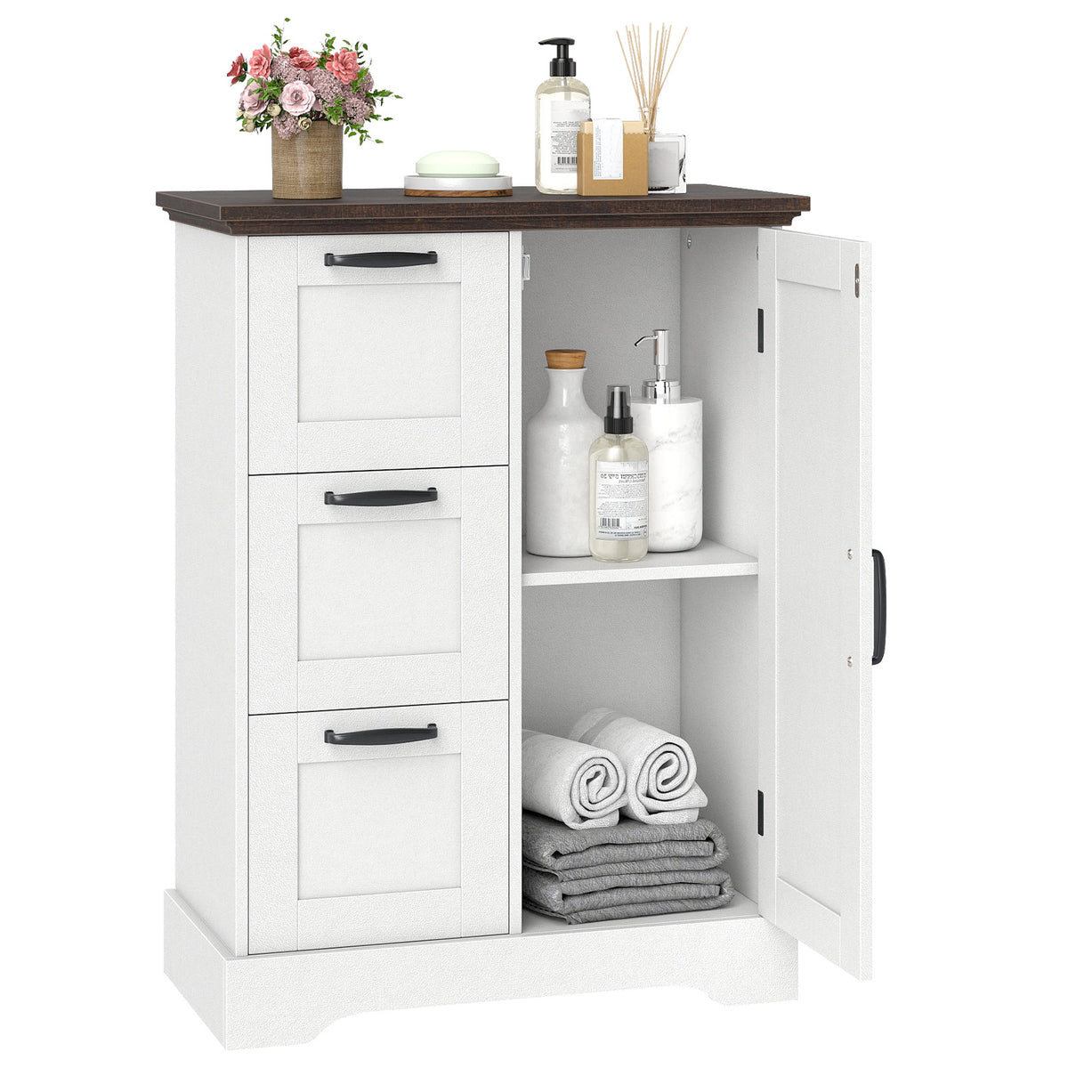 The floor cabinet with three drawers and a side cupboard door open to show storage space