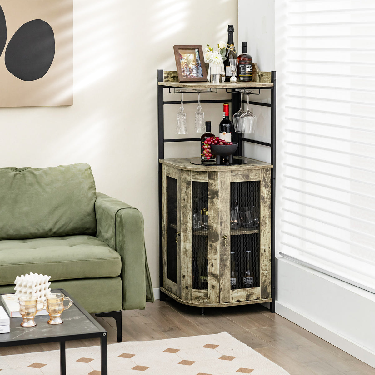 Industrial Corner Bar Wine Cabinet with Metal Mesh Doors and Adjustable Shelf-Rustic Brown