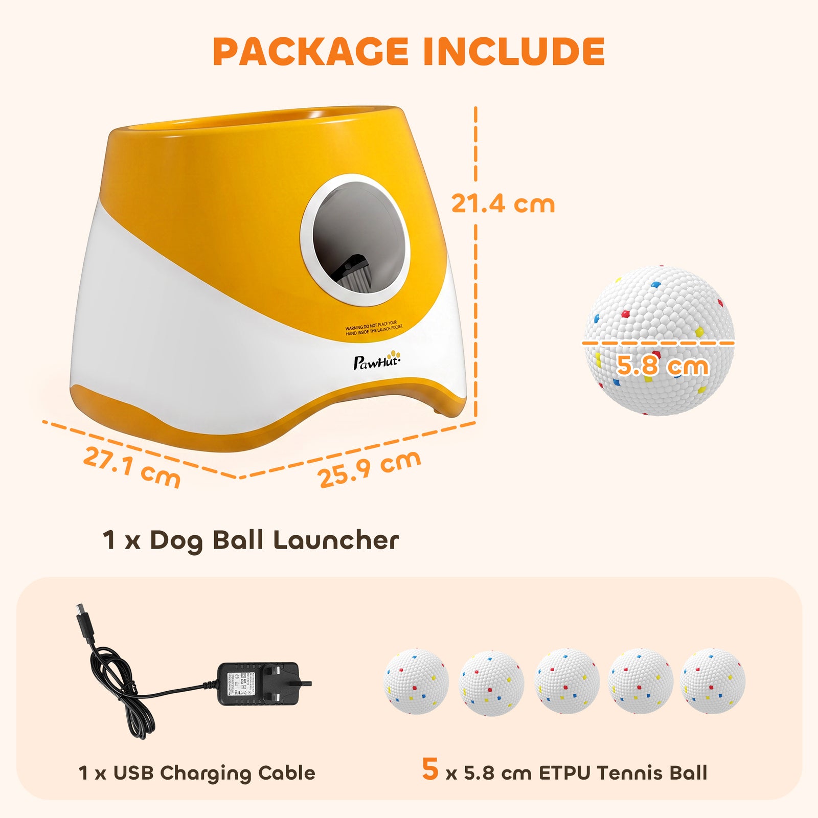 PawHut Automatic Dog Ball Launcher with 5 ETPU Balls 5.8 cm, 3 Distance Settings 6/10/14 m, Orange
