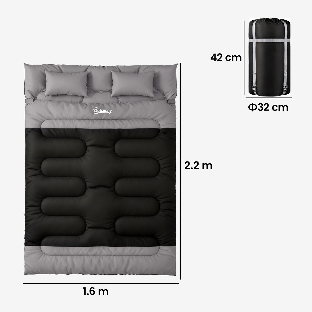 Outsunny Double Sleeping Bag with 2 Pillows, 220 x 160 cm Extra-Large Sleeping Bag for Adults, Black and Grey