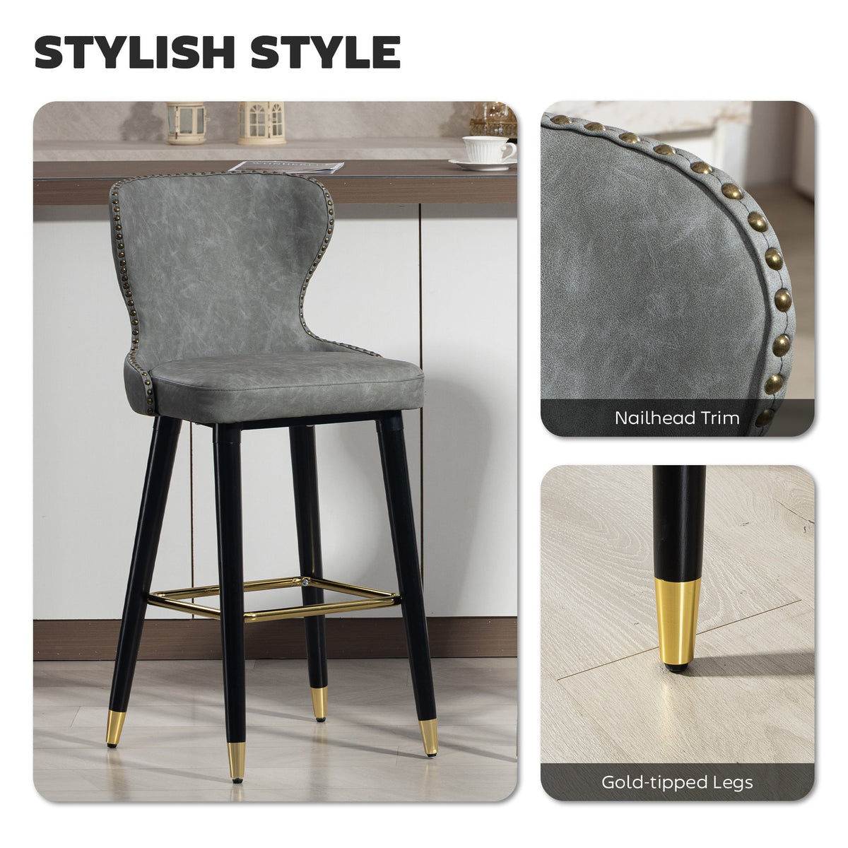 HOMCOM Bar Stools Set of 2, PU Leather Barstools with Back, Footrest and Wood Legs for Kitchen, Counter, Breakfast Bar, Grey