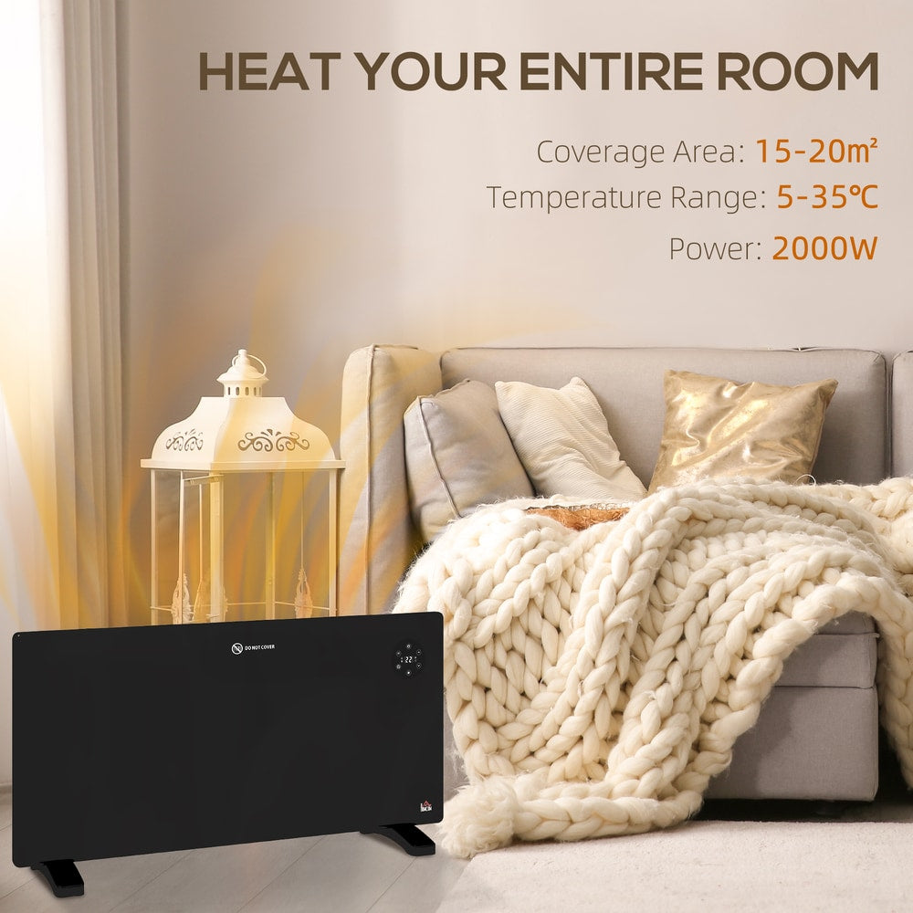 Black electric convector heater on a floor in a room, with text about heating coverage