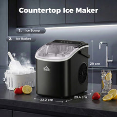 HOMCOM Ice Maker Machine Countertop, 12 KG in 24 H, 9 Cubes in 6 Mins, Portable Ice Cube Maker with Handle, Ice Scoop and Basket for Home Office Kitchen Bar Party RV, Black