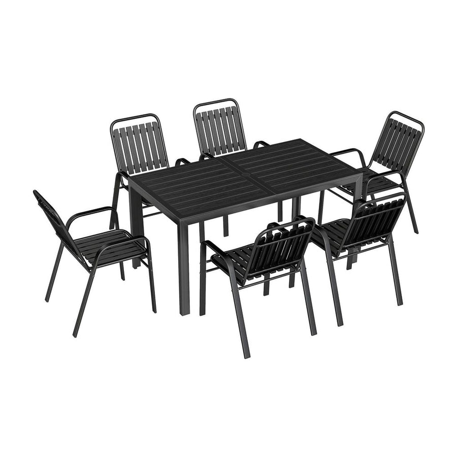 Outsunny 7 Pieces Outdoor Dining Set with Umbrella Hole, Garden Table and Chairs Set for 6 with Metal Table and Stackable