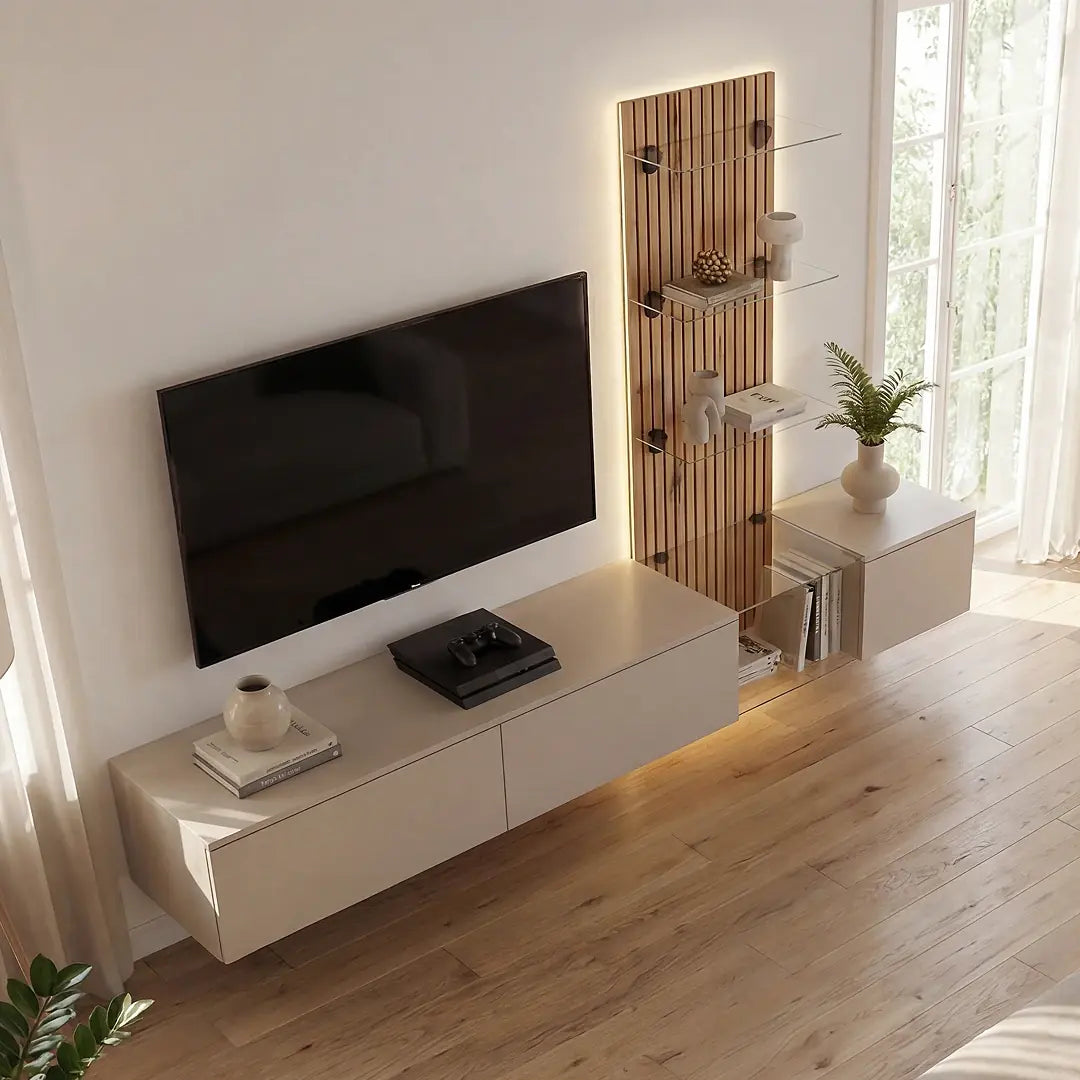 A television and gaming console placed on the entertainment unit in a living room setting