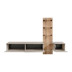 The entertainment unit with its storage compartments open, showing the interior space