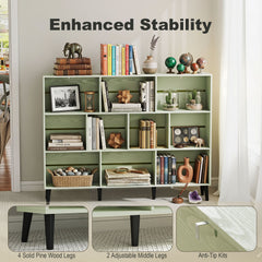 HOMCOM 10-Cube Bookcase, 3-Tier Book Shelf with Solid Wood Legs, 140 cm Modern Bookshelf with Anti-Tip Kit, Light Green