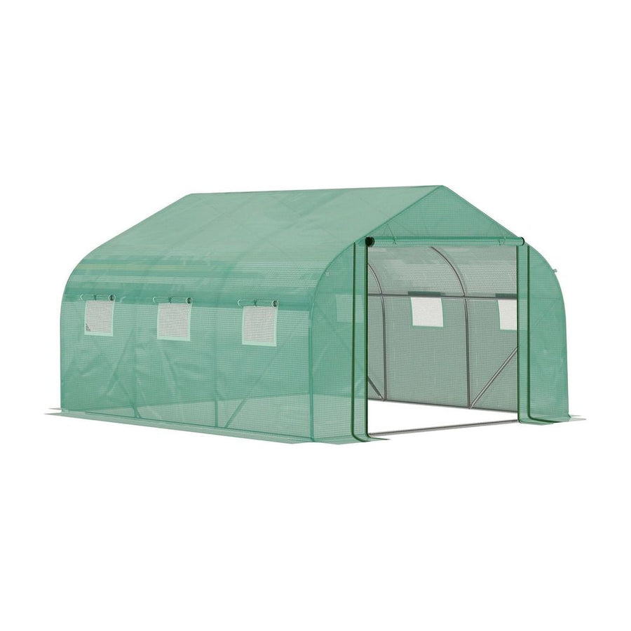 Outsunny Walk-in Polytunnel Garden Greenhouse, Outdoor Mesh Door Greenhouse with PE Cover and 6 Windows, 3.5 x 3 x 2m, Green