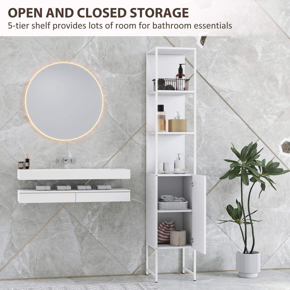 HOMCOM Tall Bathroom Cabinet with Open Shelves and Adjustable Shelf - White