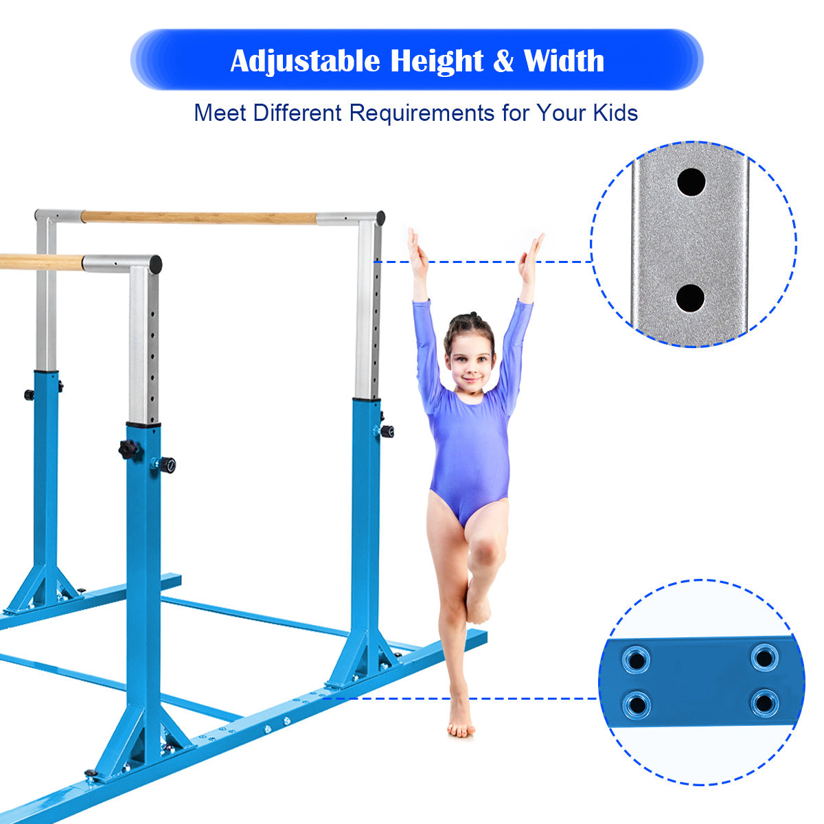 Kids Parallel Gymnastics Bar with Adjustable Width and 11-Level Heights-Blue