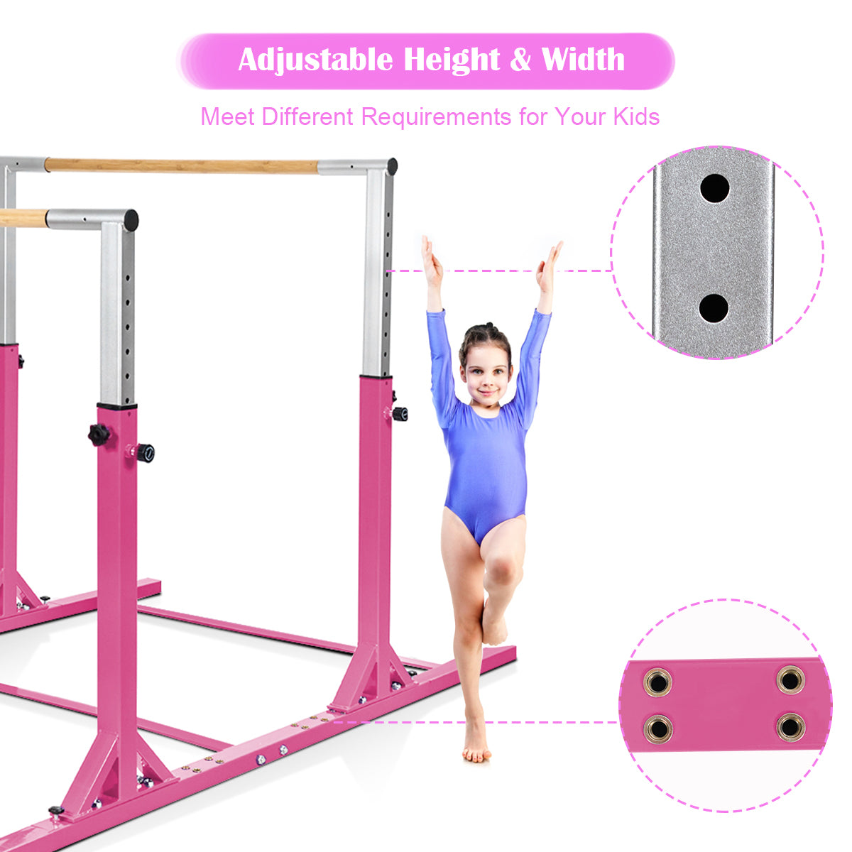 Kids Parallel Gymnastics Bar with Adjustable Width and 11-Level Heights-Pink