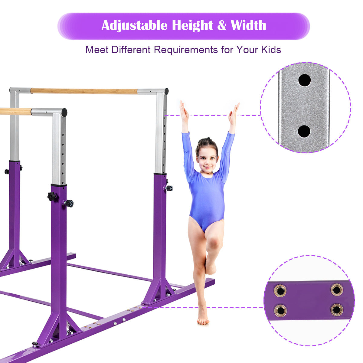 Kids Parallel Gymnastics Bar with Adjustable Width and 11-Level Heights-Purple