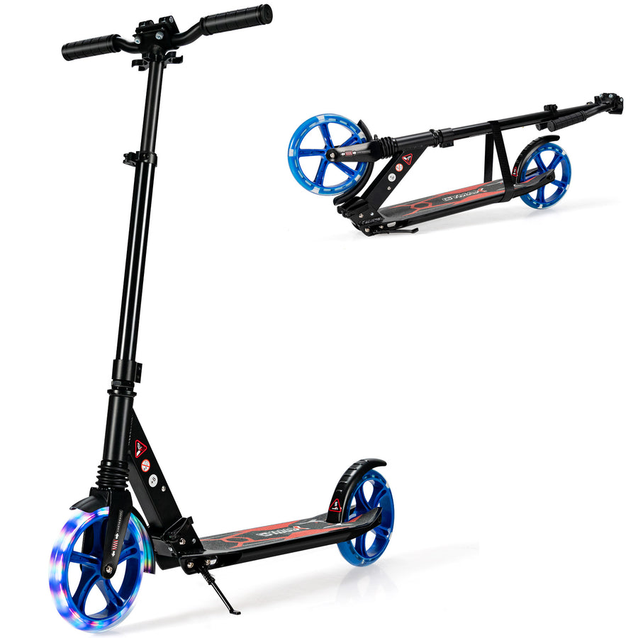 Folding Kick Scooter with large wheels in black, shown upright and folded