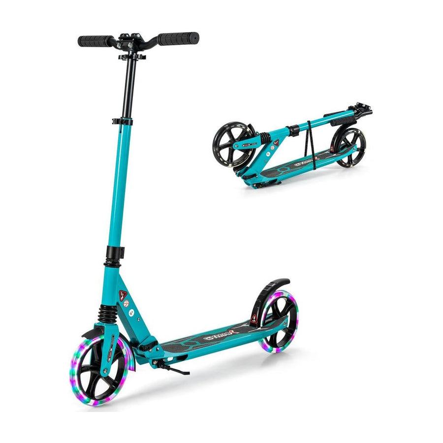 Folding Kick Scooter shown in both upright and folded positions against a white background