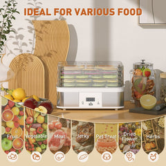 A white food dehydrator with five stacked trays, displaying the timer and icons for different food types