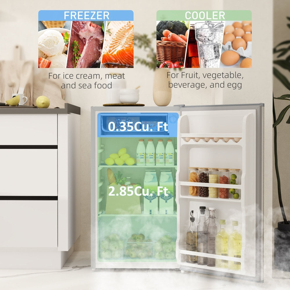 Open under-counter fridge showing freezer and cooler compartments with food items