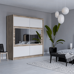 KINGSTON 203cm Sliding Door Wardrobe Oak Canyon + White + Mirror