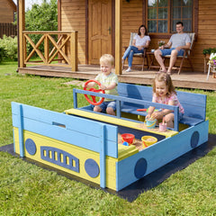 Sandpit Sandpit with Bench Folding Lid and Sandpit Liner Fir Wood Sandpit-Blue