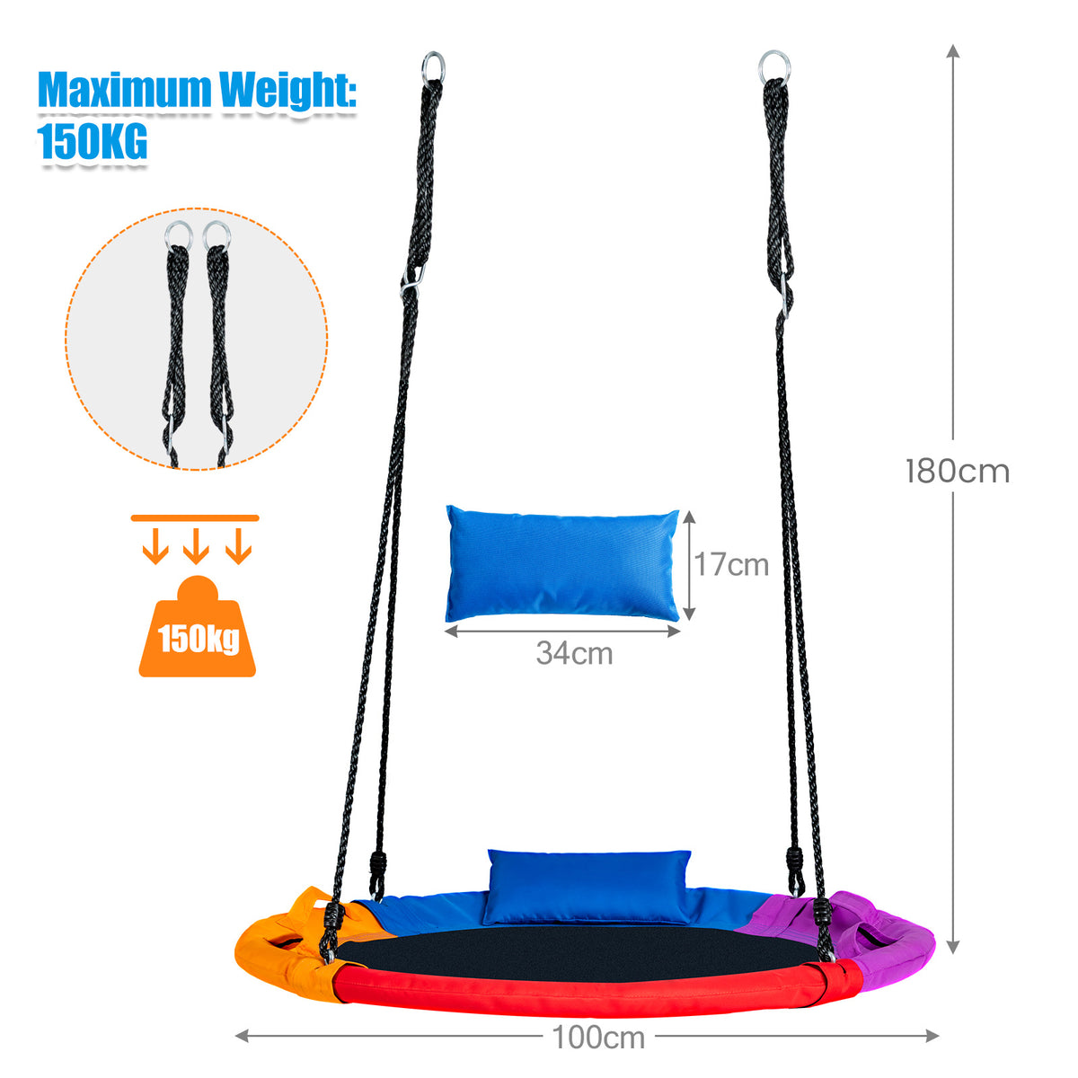 Saucer Tree Swing with Pillow with 100 to 180 cm Adjustable Hanging Rope-Multicolor