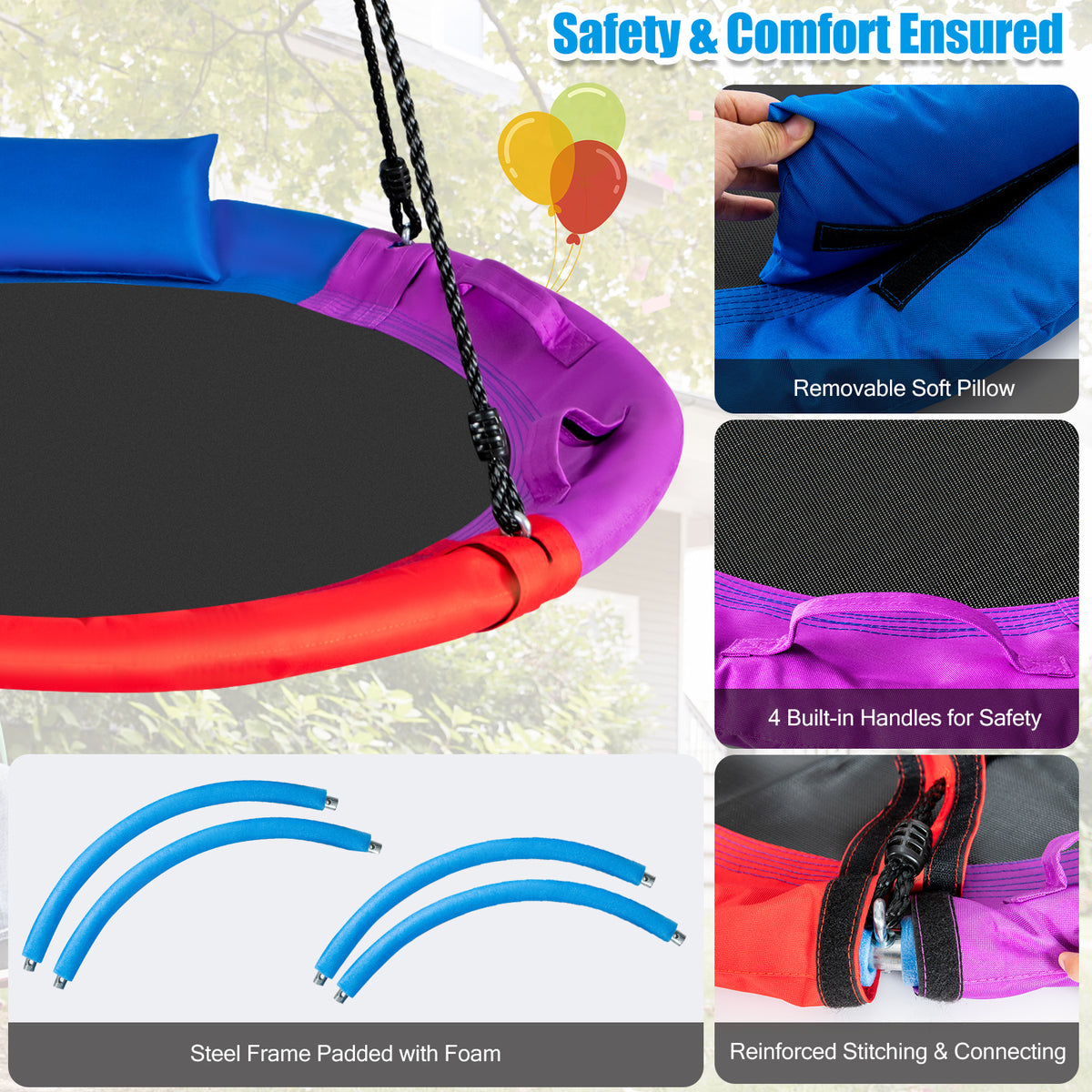 Saucer Tree Swing with Pillow with 100 to 180 cm Adjustable Hanging Rope-Multicolor