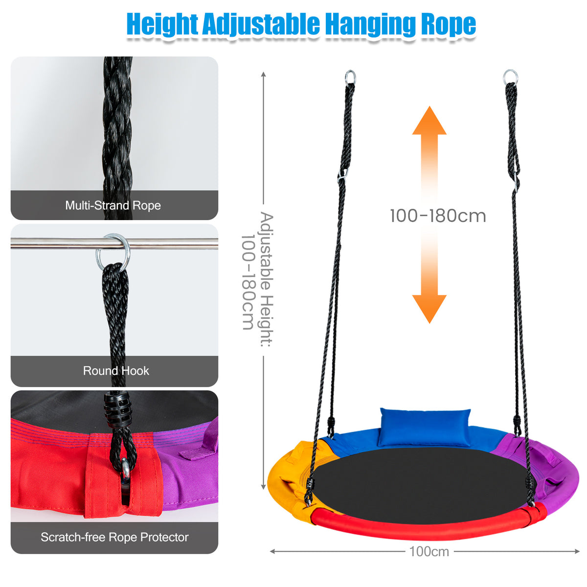 Saucer Tree Swing with Pillow with 100 to 180 cm Adjustable Hanging Rope-Multicolor