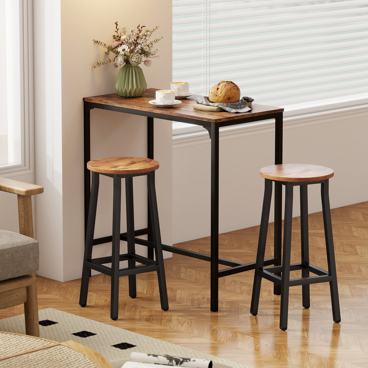HOMCOM Bar Stools Set of 2 Breakfast Bar Stools with Footrest, Industrial Round, 32 x 32 x 65 cm, Rustic Brown