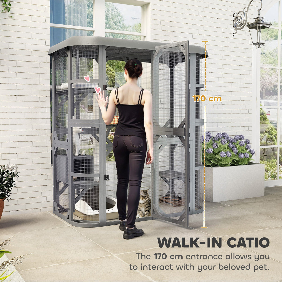PawHut Catio Outdoor Cat Enclosure, Wooden Cat House with Platforms, Condo and Waterproof Cover for 2–3 Kittens, Grey